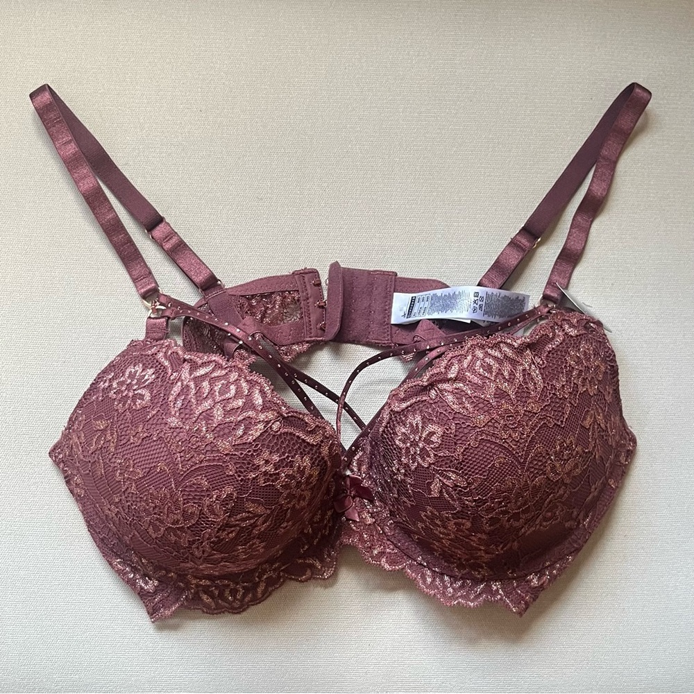 Luxurious “Vtg Rose” Lace Bra w Crystals, Sz 36D, Perfect for Special Occasions